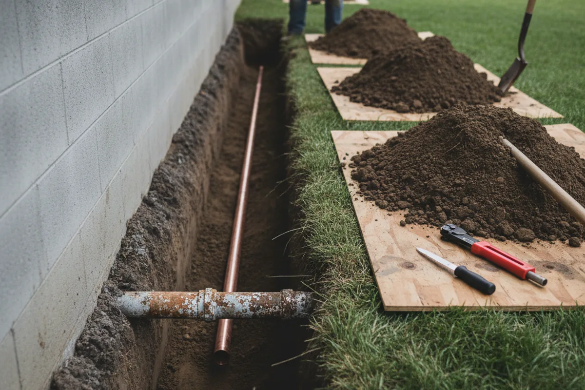 Excavated water line trench during Water Heater Repair in Voluntown